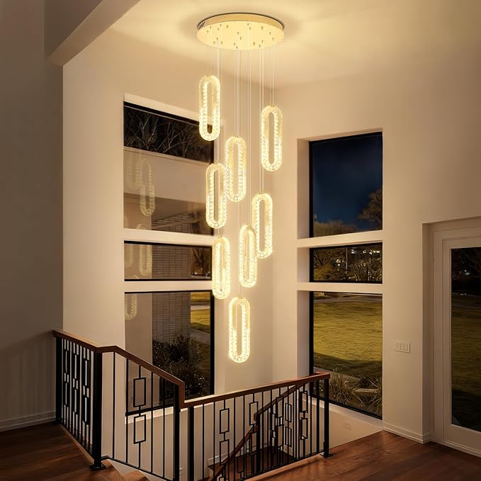 8 Rings Crystal Chandelier,H118 Modern Gold Pendant Light Luxury Foyer Lighting Fixture High Ceiling Chandelier for Entryway,Staircase,Living Room,Villa LED Dimmable 2700K-6000K