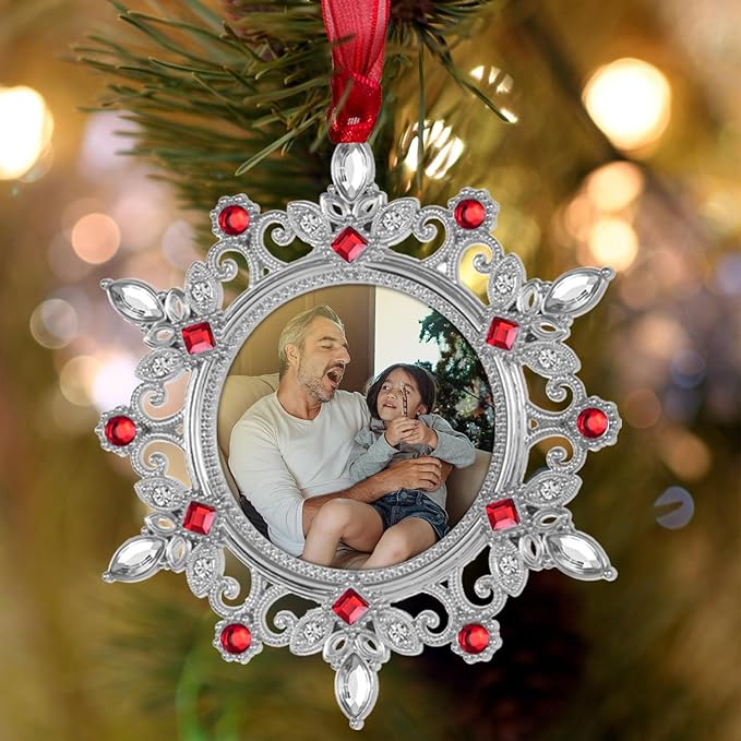 GUOER Christmas Tree Snowflake Picture Frame Ornaments Holiday Keepsake Gift Home Decor Christmas Decorations Xmas Gifts Pendant with 2" Photo Frame Christmas Tree (Red, 3 Pieces Set)