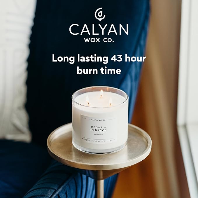 Calyan Wax Co. Cedar & Tobacco 3 Wick Scented Candle - 43 Hour Burn - Luxury 3 Wick Soy Candles - Non Toxic Soy Wax Candles - Long Lasting Large Glass Jar Candle for Home - 14.9oz