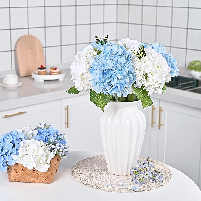 Waipfaru 21" Real Touch White Hydrangea Artificial Flowers with Long Stem & Leaves, Full Latex Faux Hydrangea Flowers for Home Decor Party Floral Arrangements Wedding Bouquets Centerpieces, 4Pcs