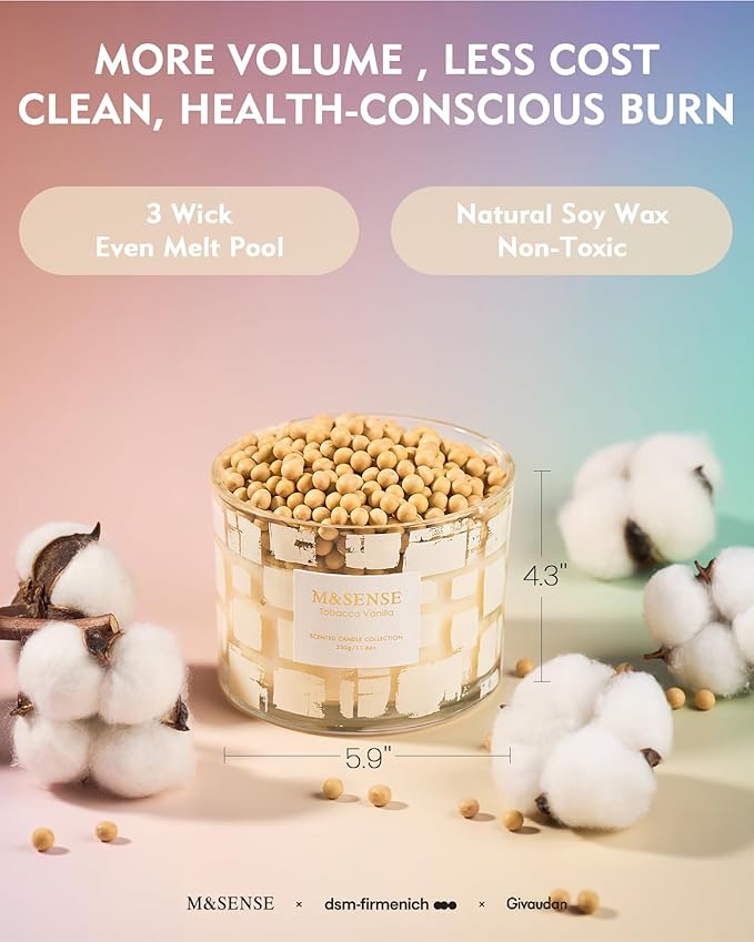 M&SENSE Tobacco Vanilla Scented, Soy Wax 11.6oz 60 Hours Clean Non Toxic Slow Burn,3 Wick Highly Scented Aromatherapy Candles for Relaxation, Holiday Gifts for Men&Women