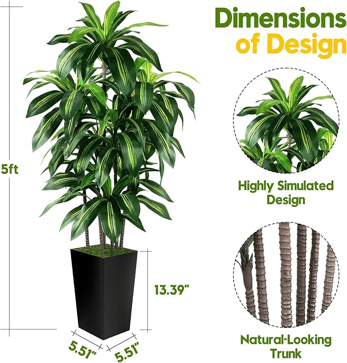 Artificial Dracaena Tree Indoor, 5FT Tall Fake Tree with Black Tall Planter, Artificial Trees Fake Yucca Potted Tree for Home Office Living Room Decor, Tall Artificial Plant for Housewarming