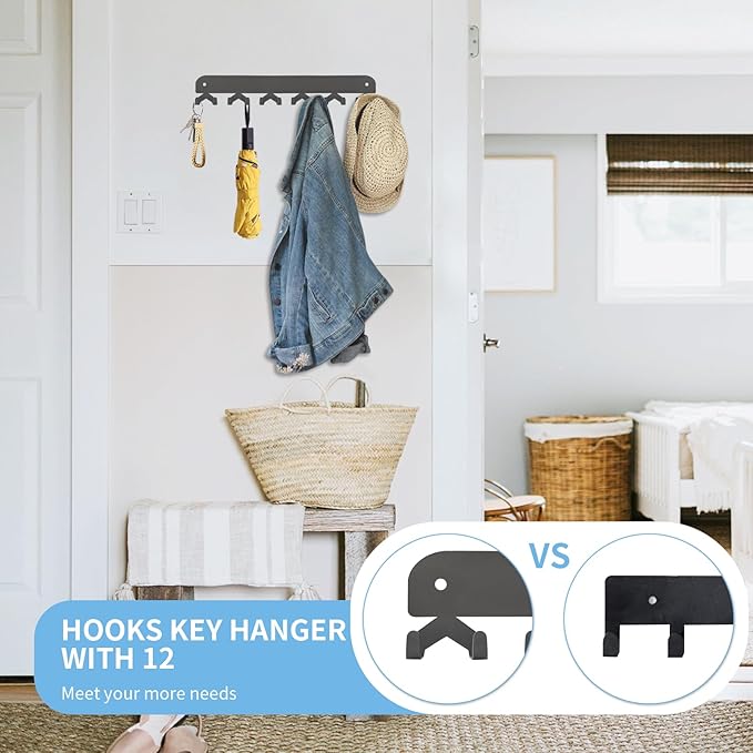2 Pack Key Holder for Wall, Key Hooks Wall Mount with 12 Hooks, No Drilling Required, Self-Adhesive Key Rack, Key Hanger Wall Mount for Corridor, Kitchen, Living Room - Gray
