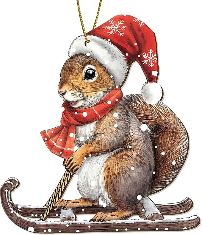 Snowboarding Squirrel Christmas Tree Keepsake Ornaments, Funny Squirrels Themed 2 Side Printed Flat Wooden Ornament, Xmas Hanging Decor