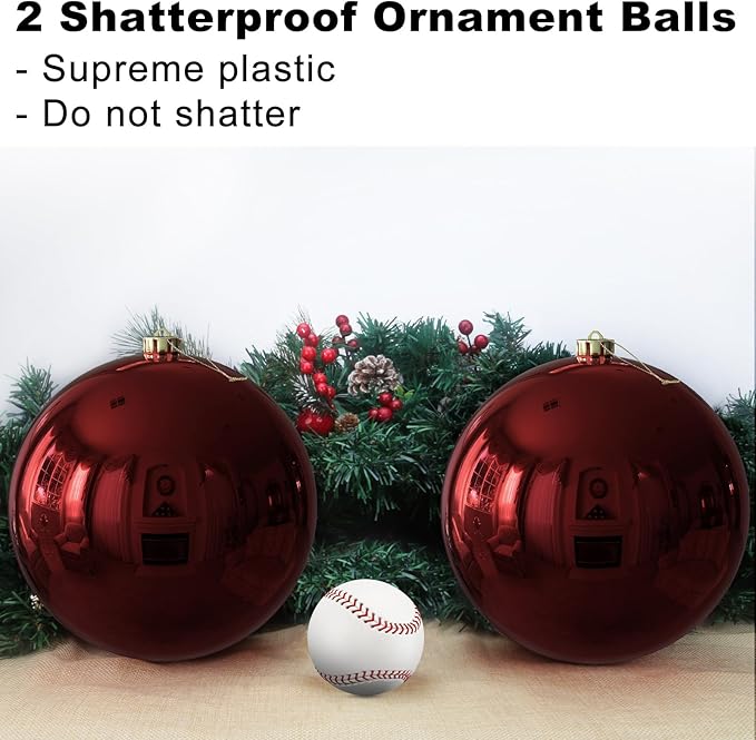 Maroon 8.0" Extra Large Christmas Ornaments - Christmas Tree Decoration Balls Shatterproof Hanging Shiny Balls for Birthday Holiday Wedding Decorations Set of 2pcs