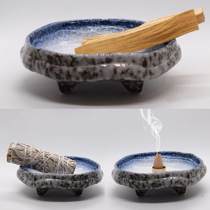 Ceramic Incense Burner Holder for Sticks, Handmade Incense Cone Holder for Coil, Sage Cones, Ash Catcher, Smudge Bowl for Yoga Meditation Room Décor