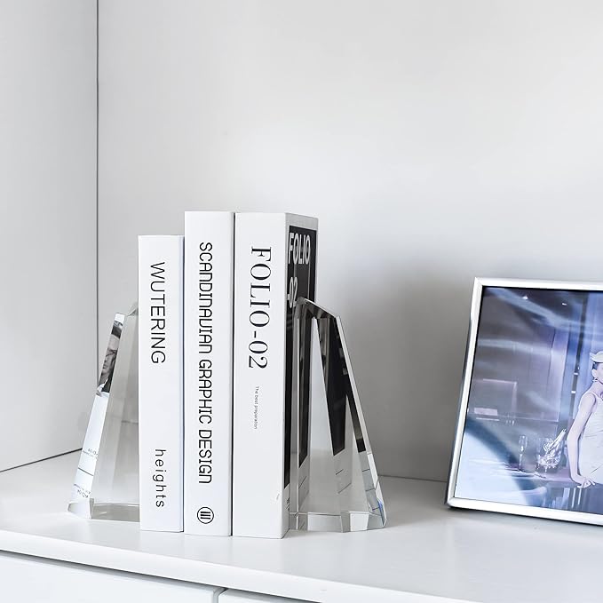 Kitcom Handmade Crystal Bookends Half-Obelisk Design, 1 Pair of Decorative Tabletop Bookends for Office, Home, Desk