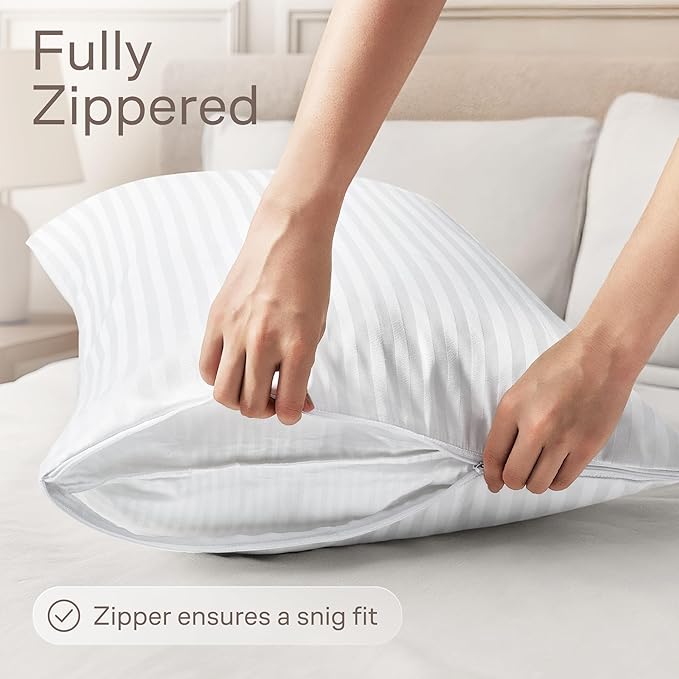 Ultra Soft Pillow Protectors with Zipper Standard Size - Set of 4 Breathable Pillow Covers - 100% Protection Against Stains, Dust & Dirt - Machine Washable (Dark White)