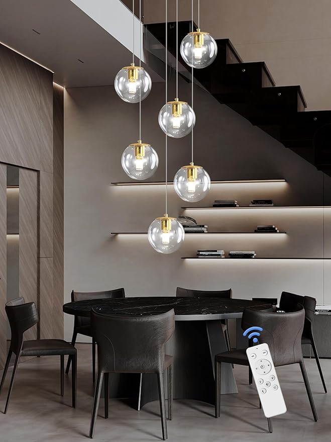 6-Light LED Staircase Modern Glass Globe Pendant Light Gold Chandeliers Large Chandeliers for High Ceilings, Entryway Lighting Fixture Villas and Stairs