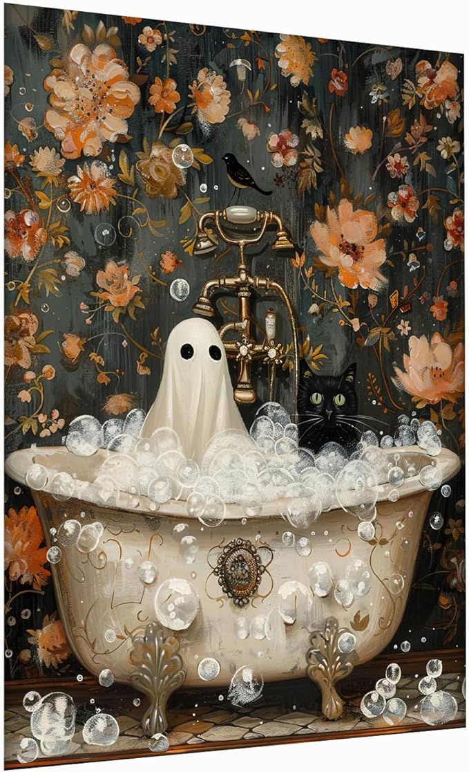 Ghost and Cat in Bathtub Poster,Cute Gothic Home Decor,Cat Ghost Poster,Spooky Bubblebath Halloween Art, Black Cat Print, Whimsigoth Halloween Bathroom Decor24x36inch Unframed