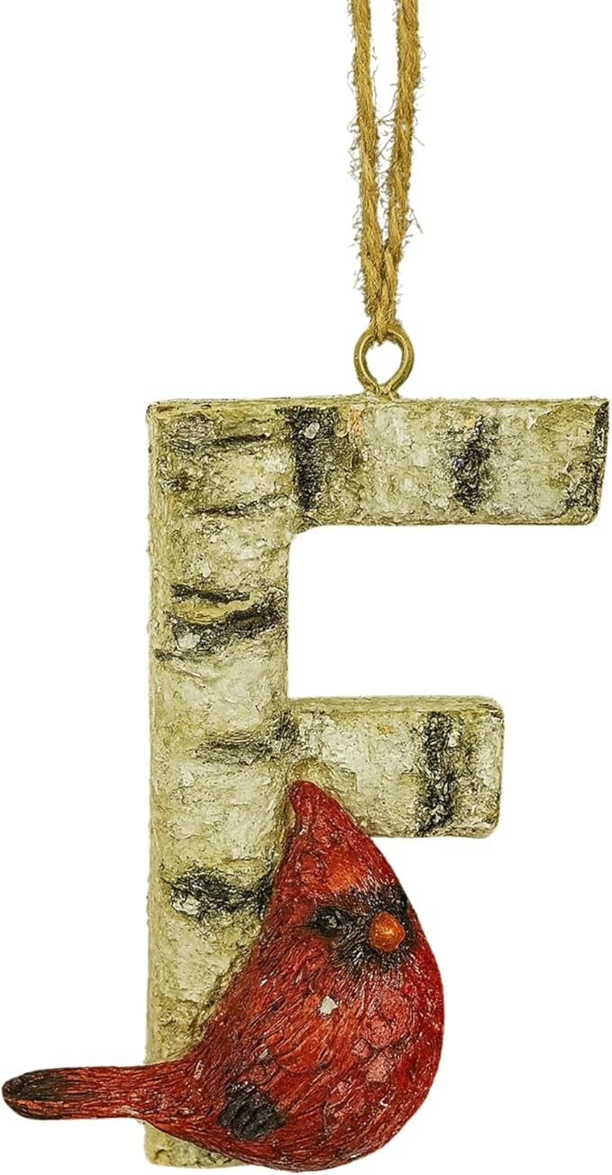 Rustic Cardinal Initial Letter Christmas Ornament – Birch Wood Look Hanging Alphabet Monogram Decoration for Holiday Tree & Winter Home Décor (F)