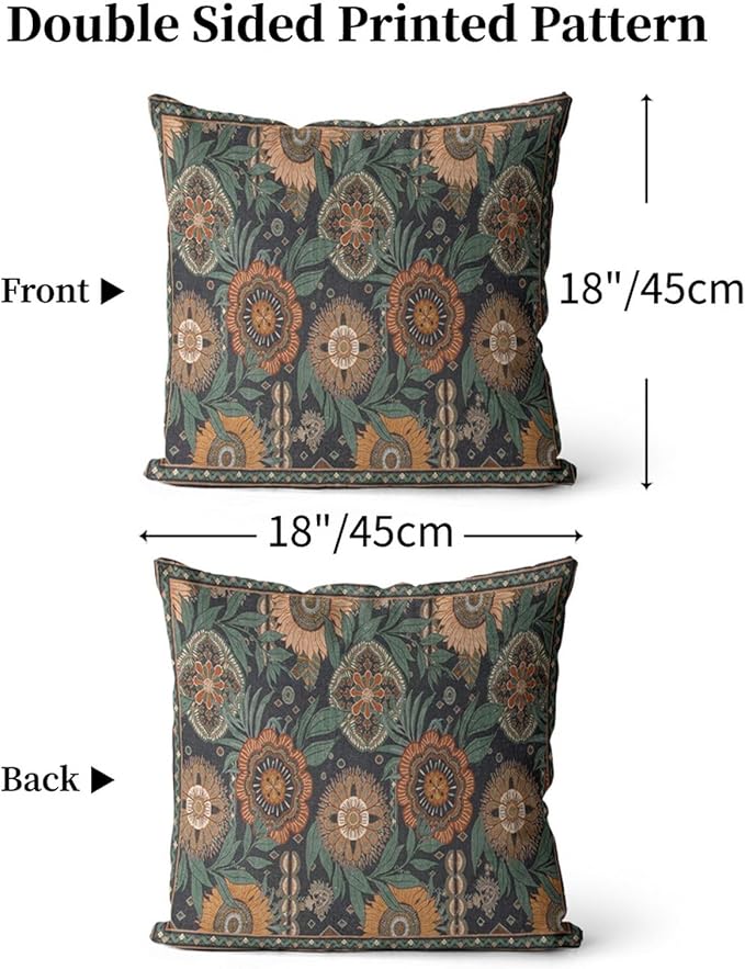 Floral Throw Pillow Covers 18x18 Inch Boho Rustic Botanical Throw Pillow Covers for Couch Vintage Moody Sunflowers Decorative Pillowcases Dark Vintage Farmhouse Sofa Cushion Cover Sets of 2