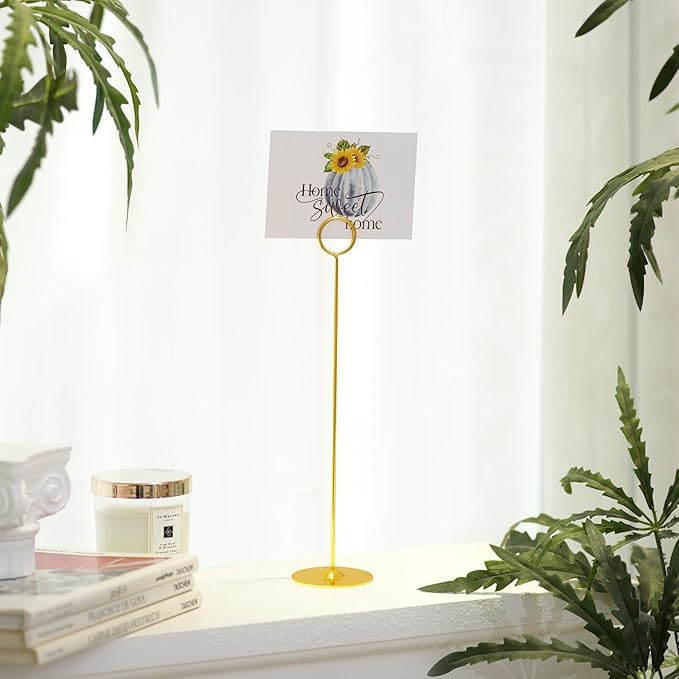 ERYTLLY 16PK Place Card Holders 12 Inch Table Number Holders Table Card Holders Steel Card Holders for Birthdays,Weddings,Photos, Food Signs, Memo Notes, Restaurants (Gold)