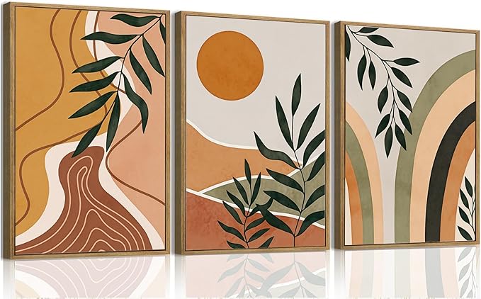 Bwodke Boho Wall Art, Framed Abstract Sun Wall Art, Botanical Canvas Wall Decor, Mid Century Line Leaf Geometric Pictures Set of 3, Minimalist Paintings, for Bedroom Living Room Bathroom 16"x24"