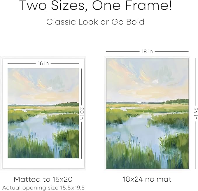 Homeforia 18x24 Poster Frame White, High End Metal 18 x 24 Picture Frames with Mat 16 by 20 inch Photo, 18x24 White Frame Matted to 16x20 Print, 24x18 Hanging Frame, Tempered Glass, Wall Kit, Set of 1