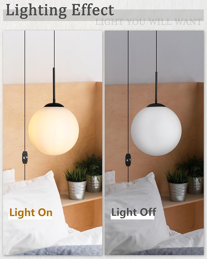 10" Globe Black Plug in Pendant Light, Mid Century Modern Hanging Ceiling Lights with Plug in Cord for Dining Room, Bedroom, Kitchen Island Lighting, Milk White Glass Shade