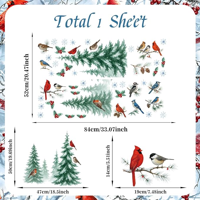 Christmas Tree Window Clings Birds Pine Branch,Cardinal Window Clings,Winter Snowflake Wall Decals Red Birds,Xmas Tree Wall Sticker Snow Winter for Glass Home Party Living Room Kitchen