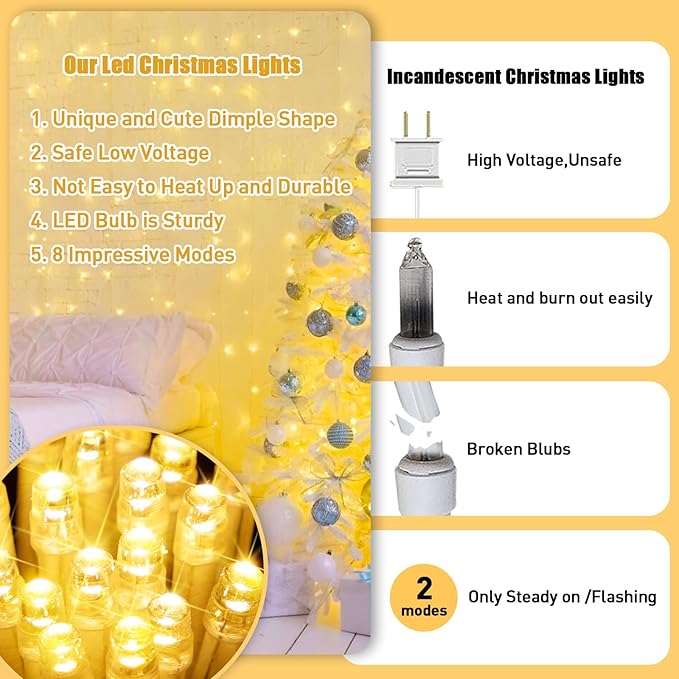 JMEXSUSS 100 LED Warm White Christmas Lights, 8 Modes Christmas Tree Lights Plug in, Indoor String Light Bedroom 33ft Connectable Fairy Twinkle Light Outdoor for Home Garden Xmas Tree Decor