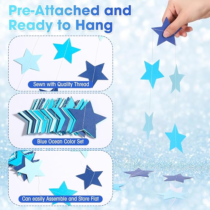 Patelai Glitter Star Garland Banner 2026 New Years Decor 130 Feet Star Hanging Banner Twinkle Backdrop for Birthday Classroom Wedding Christmas Party Supplies(Ocean Blue)
