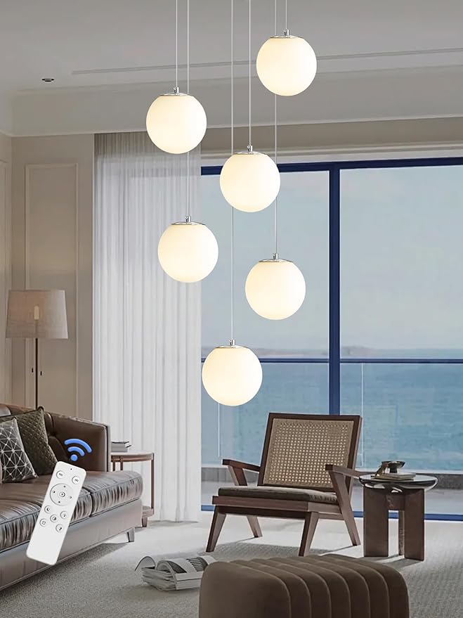6-Light Silver Chandelier with White Globe Glass Dimmable Ceiling Light Glass Pendant Light for Kitchen Island, Dining Room, Living Room, Entry Hallway, LED Bulbs Included