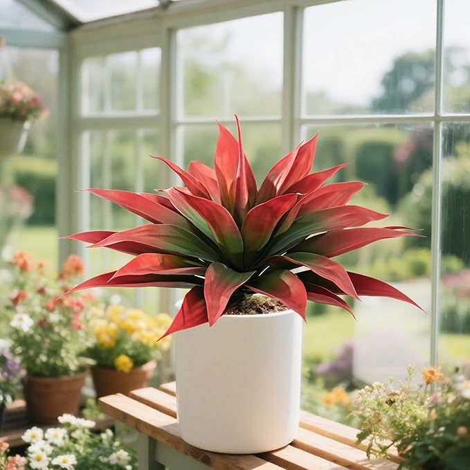 Artificial Agave Faux Agave Fake Greenery Outdoor Artificial Plants Fake Plants 28" for Indoor Home Decor Plastic Plants Outdoor Decor Front Porch Decor Simulation Plants(Red) 2pcs No Vase