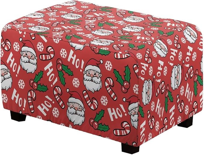 Santa & Candy Cane Christmas Ottoman Cover - Removable, Machine Washable Stretch Slipcover for Rectangular Storage Ottomans, Festive Decor