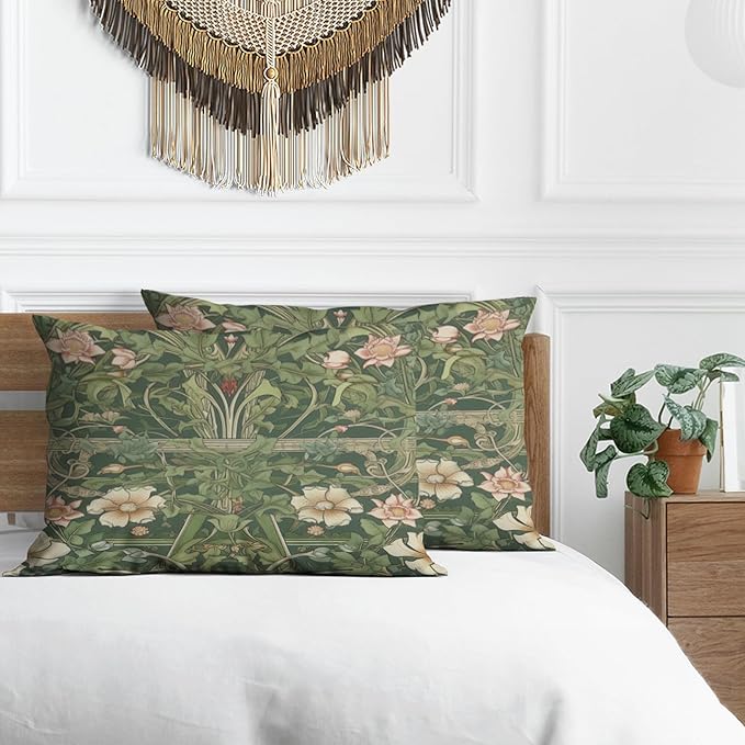 William Morris Pillow Protectors with Zipper Standard Size Vintage Floral Print Pillow Covers Set of 2 Nature Green Botanical Pillowcases Rustic Wildflowers Bed Pillow Covers 36"X20"