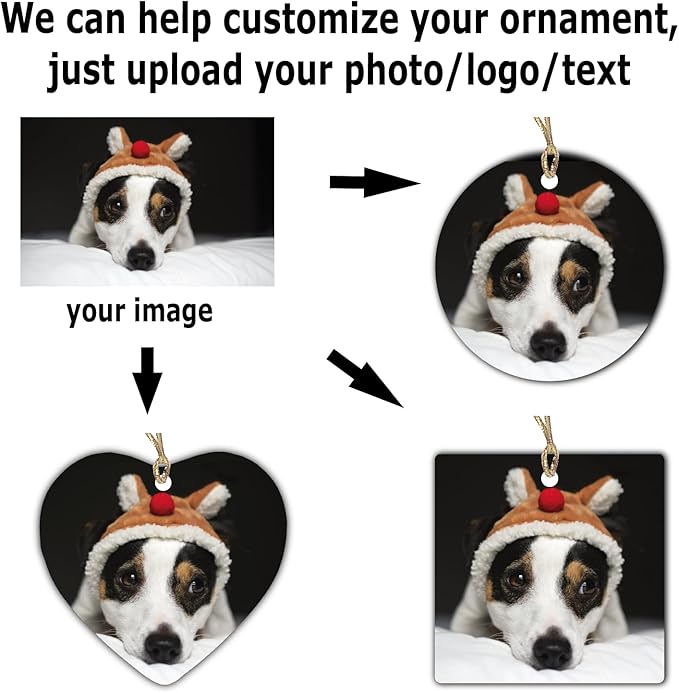 Personalized Ornament, Add Photo Text or Art Design and Make Your own Customized Porcelain Ceramic Ornament, Gold String and Gift Bag Included (Heart)