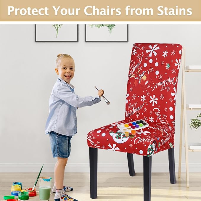 SearchI Christmas Chair Covers Set of 6, Stretch Xmas Kitchen Chair Cover Removable Washable Holiday Parsons Chair Slipcovers for Dining Room, Christmas Decoration, Ceremony(Snowman+Snowflake)