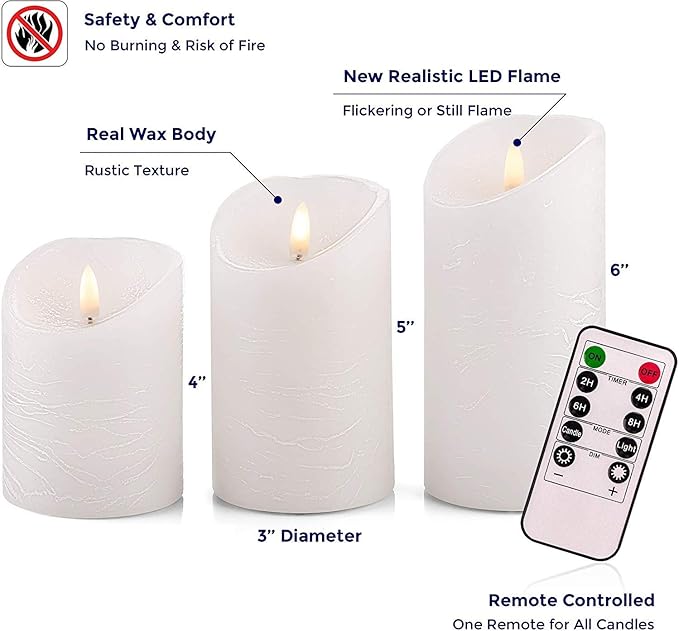 VENTA Set of 3 Ivory & White Pillar Candles | Real Wax Battery Operated Flickering LED Candles with Remote | Timeless Decor for Farmhouse, Modern & Mantel Displays