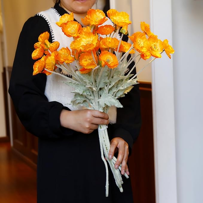 12PCS Orange Poppy Flowers Artificial 23" Real Touch Stems Faux Poppies Silk Flowers for Home Decor Indoor (Orange)