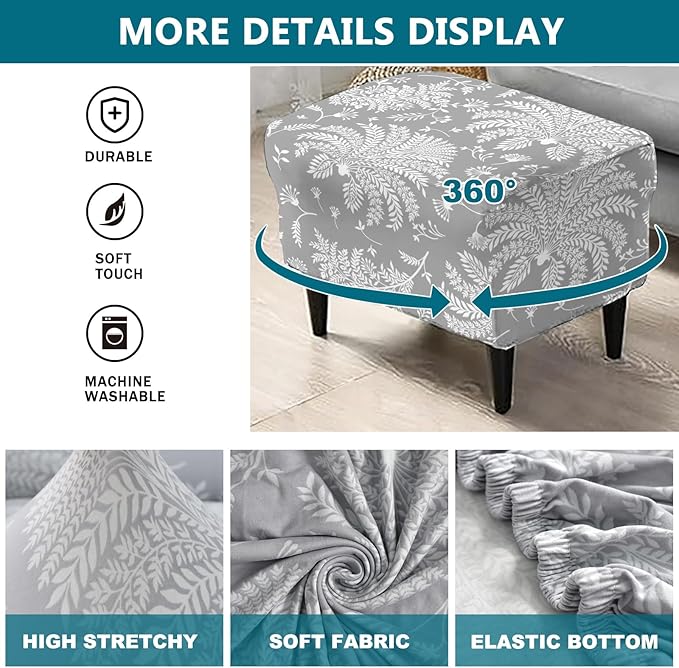 KRFOONN Stretch Ottoman Cover Slipcovers Rectangle Fit Length 55"-63" Footrest Stool Covers Printed Ottoman Cover for Foot Stool Furniture Protector with Non Slip Elastic Bottom, Color 10