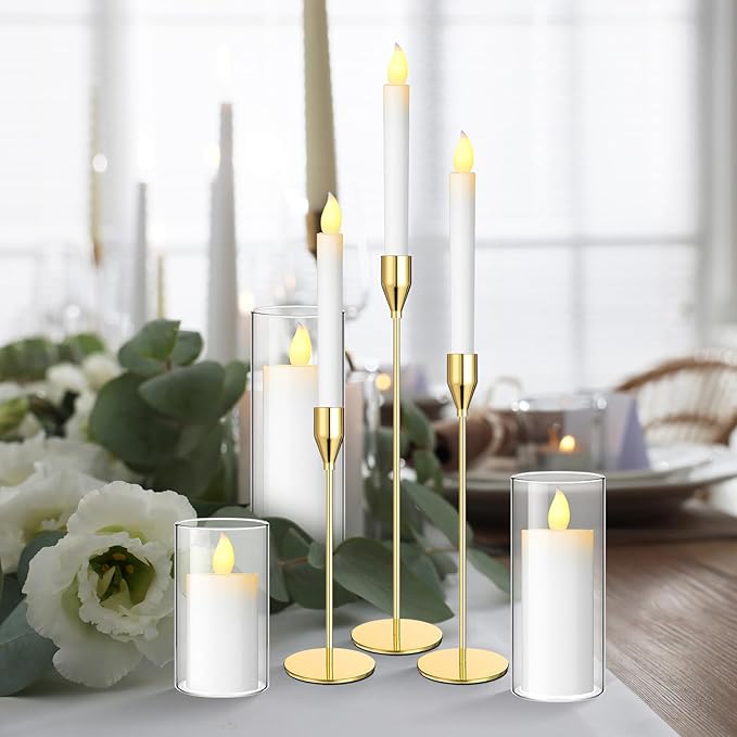 Sieral 12 Sets Gold Taper Candle Holders Glass Cylinder Vase, Candlestick Holders Fits 3/4 Inch Thick Candle, 6, 8, 10 Inch Tall Clear Flower Vase for Table Centerpiece, Dining, Wedding Party Decor