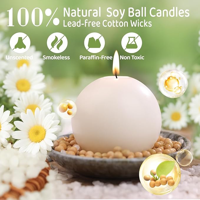3 Inch White Round Ball Candles,Elegant Round Pillar Candles,Hand-Poured Natural Soy Candle,26 H Long Burning Time-Dripless Smokeless Candles Dinner Table,for Wedding,Christmas Home Decor 4 Pack