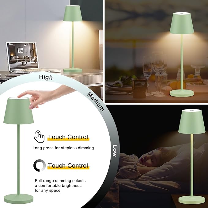 Ralaby IP54 Cordless Table Lamps Portable Rechargeable Battery Operated Lamp, Modern Aluminum Dimmable Indoor/Outdoor Cordless Desk Lamp for/Restaurant/Bar/Cafe/Bedroom (2 Pack,Green,4800mAh)