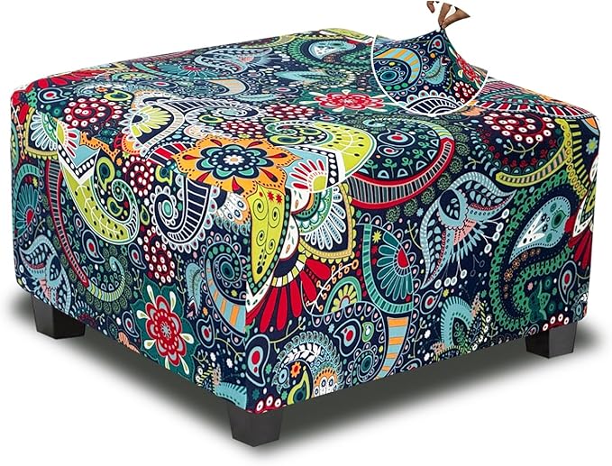 Ottoman Cover Square Slipcovers Printed,Stretch Footrest Stool Cover for Ottoman Square,Soft Foot Stool Cover Protector with Nonslip Elastic Bottom (Medium,Navy&Green)