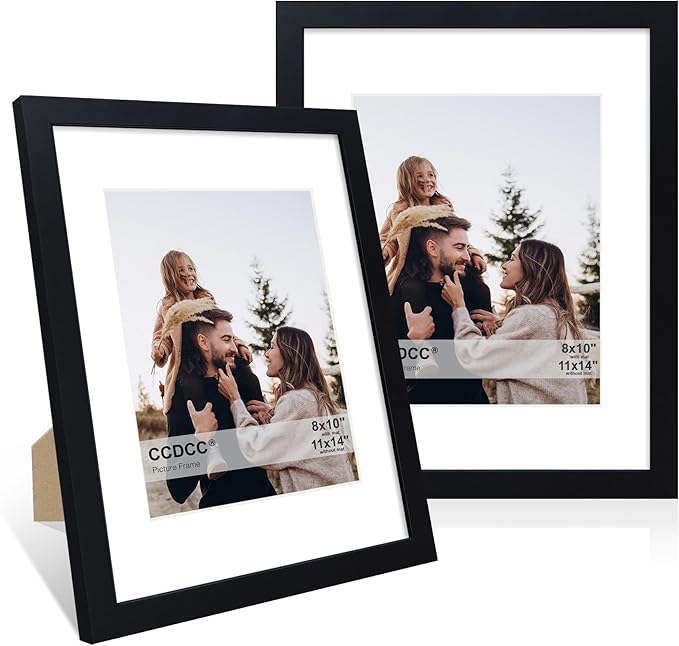 11x14 Picture Frame Set of 2, 11 x 14 Wood Photo Frames with Mat for 8x10, Wooden Frame with Real Glass Cover for Wall and Tabletop Display,Black