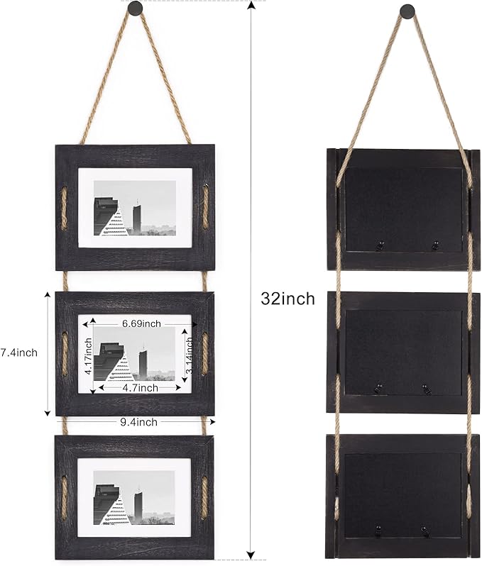 DLQuarts 5x7 Hanging Picture Frames Collage Wall Decor, 3-Opening Photo Frames Set, 3.5x5 with Mat or 5x7 Without Mat, Rustic Solid Wood Photo Frame Pack of 2, Weathered Black