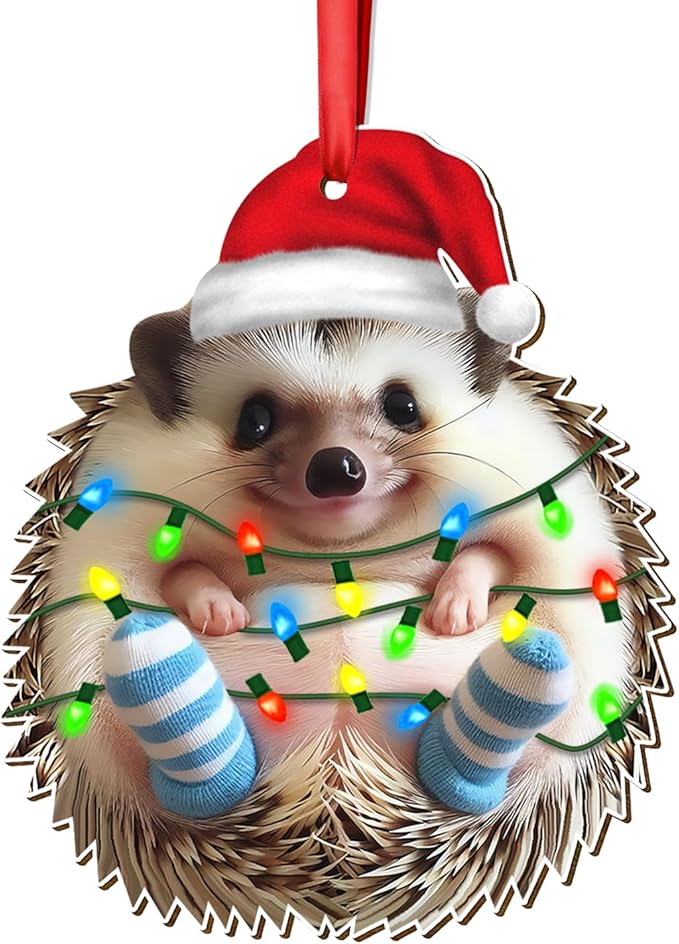 Christmas Hedgehog Ornament, 2-Side Printed Wooden Hanging Decoration for Tree, Xmas Gift for Hedgehog Lovers