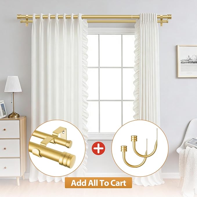 TONIAL1 Inch Double Curtain Rods for Windows 48 to 84 Inches, Heavy Duty Decorative Drapery Rod 32 to 86 Inches with Classic Cap Finial, Gold