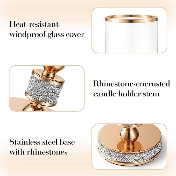 Pillar Candle Holder with Glass Wind Proof, Metal Hurricane Holders, Gold Crystal Candle Stand for Table Centerpieces, Home Decor, Wedding, Dining Table (M, 1PC, for Pillar Candles up to 3"x5")