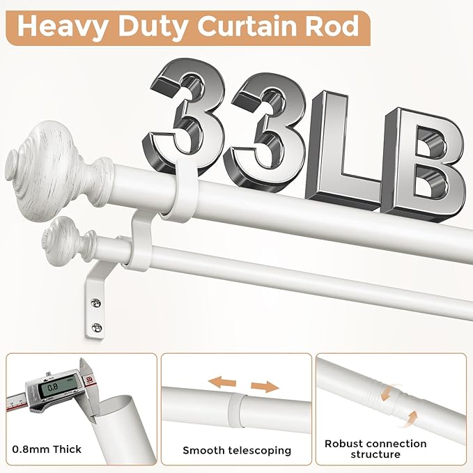 White Double Curtain Rods for Windows 36 to 72 inch, Farmhouse Vintage Decorative 1 Inch Adjustable Dual Curtain Rod, Heavy Duty Boho Double Drapery Pole with Antique White Grain Finials