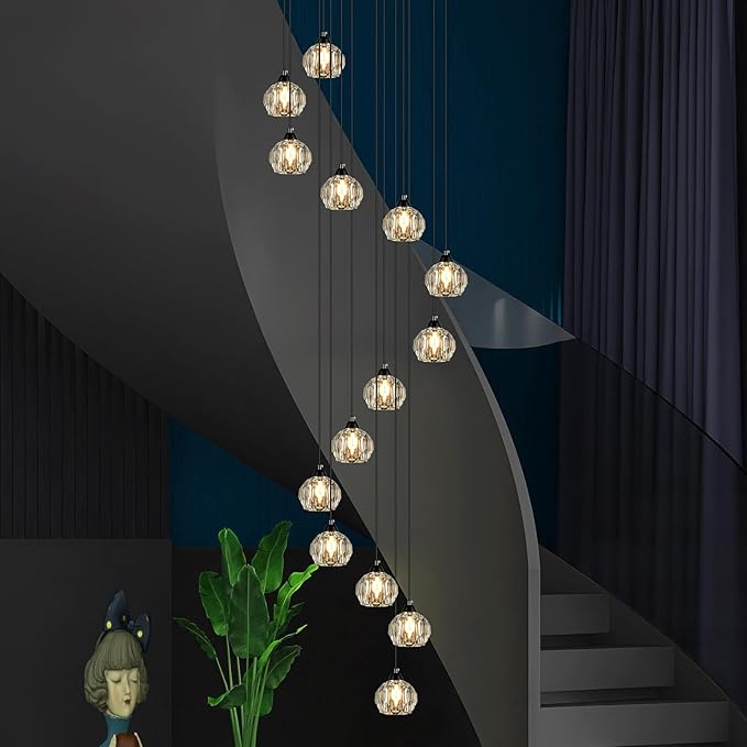 Crystal Chandeliers for Staircases, 14-Light Black Modern Chandeliers for High Ceilings，Crystal Pendant Light Fixture for Living Room Kitchen Island Foyer Hallway Bar