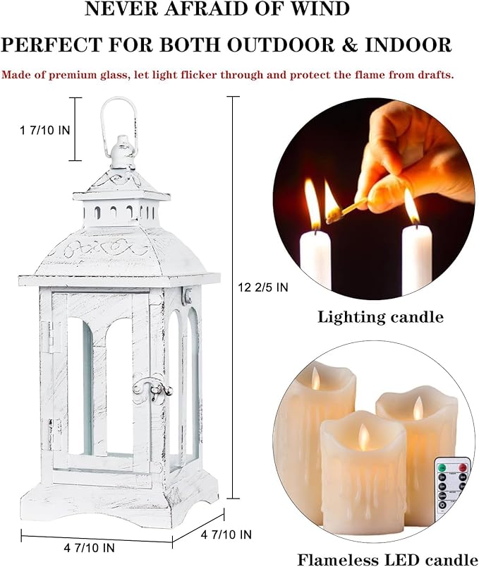 DECORKEY Lanterns Decorative Indoor & Outdoor, Medium Hanging Home Decor, Vintage Metal Decorative Candle Lanterns for Outdoor Patio Wedding Party White with Black Brush