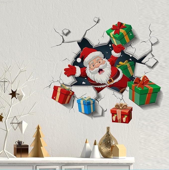 Santa Wall Decal for Christmas | Peel and Stick Holiday Decoration with Crack Effect & Gift Boxes – Removable Vinyl Sticker for Walls, Windows, Office, Party or Storefront Display