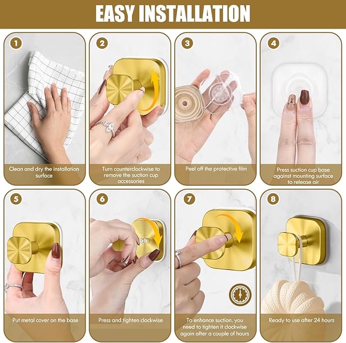 BKV Suction Cup Hooks for Shower,Heavy Duty Shower Hooks for Bathroom Wall,Glass Windows,Smooth Doors to Hang Towels,Robes,Coat,Reusable Suction Cup Wreath Hanger for Christmas Wreaths-Gold(2 Pack)