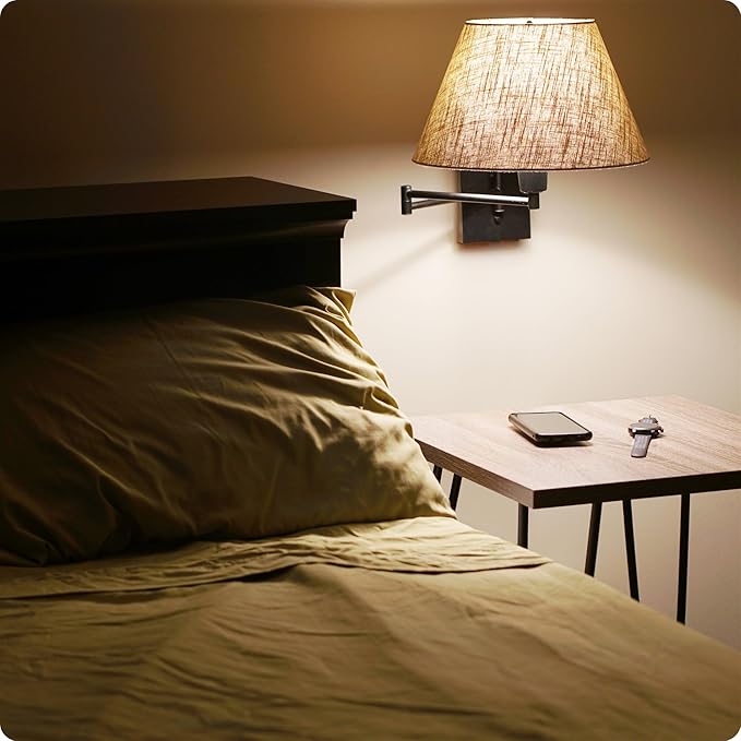 Kira Home Cambridge 15" Swing Arm Wall Lamp - Plug in/Wall Mount + Latte Mocha Fabric Shade, 150W 3-Way + Cord Covers, Black Finish