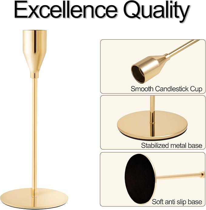 French Gold Taper Candle Holders for Wedding Table Centerpiece,Tall Taper Candlestick Holders Bulk Set of 15,Metal Candle Stick Holders for Dinning or Mantel Centerpiece,Party Home Decor