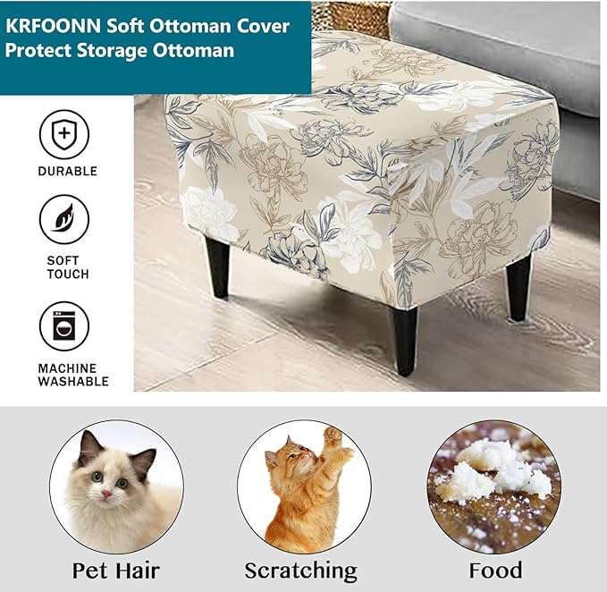 KRFOONN Stretch Ottoman Cover Slipcovers Rectangle Fit Length 55"-63" Footrest Stool Covers Printed Ottoman Cover for Foot Stool Furniture Protector with Non Slip Elastic Bottom, Color 04