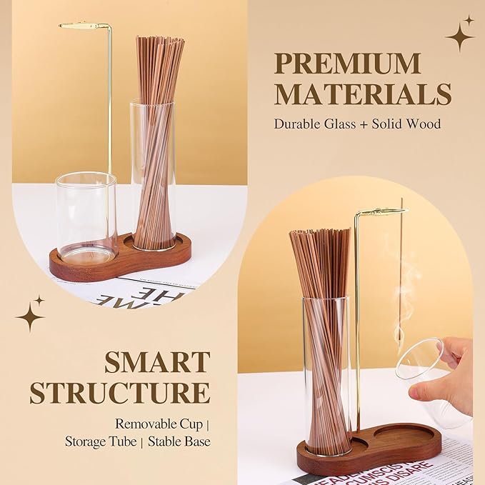 2 in 1 Incense Holder for Sticks with Glass Ash Catcher, Upside Down Anti-Ash Incense Stick Burner, Modern Vertical Incense Holder for Yoga, Spa, Meditation and Home Decor Reddish Brown